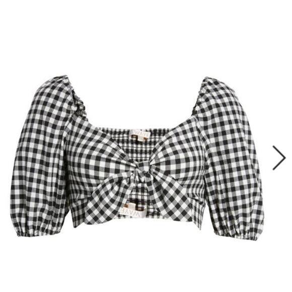 WAYF Womens SZ Large Black/White Buffalo Check Knot Front Linen Blend Crop Top - Picture 2 of 6